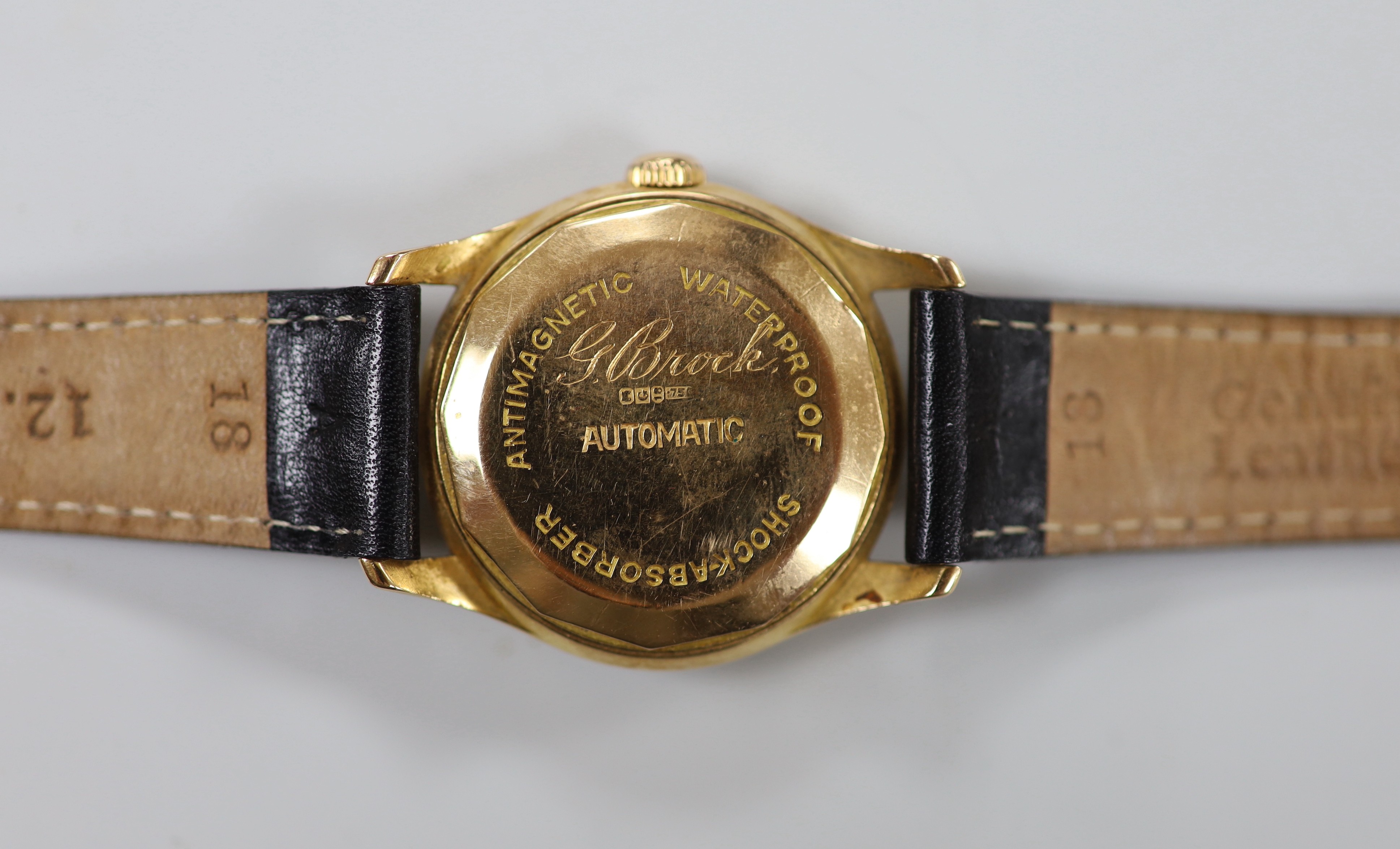 A gentleman's late 1940's? 18ct gold Vulcain automatic wrist watch, with Arabic dial, cased diameter 30mm, on later leather strap, gross weight 36.2 grams.